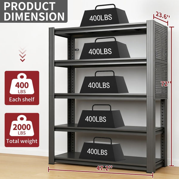 English Elm 72H Five Tier Steel Shelving Rack with Pegboard Panels for Garage or Workshop W2735P529672