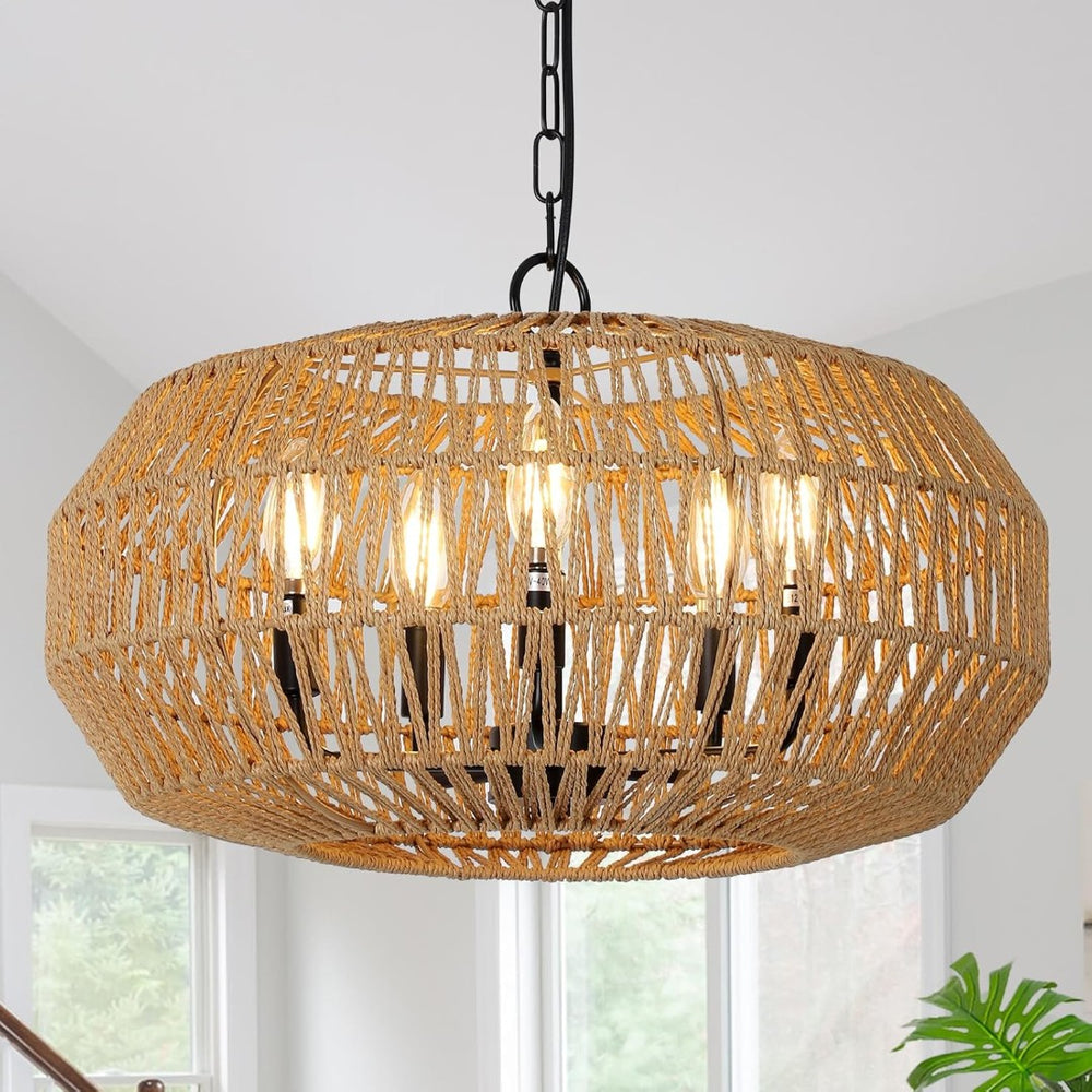 English Elm Farmhouse Hand-woven Rattan Five-light Chandelier for Dining Rooms and Foyers W2738P508299