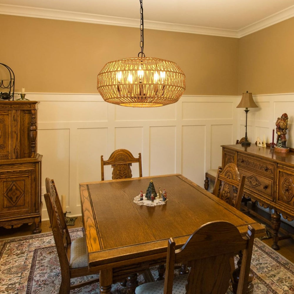 English Elm Farmhouse Hand-woven Rattan Five-light Chandelier for Dining Rooms and Foyers W2738P508299
