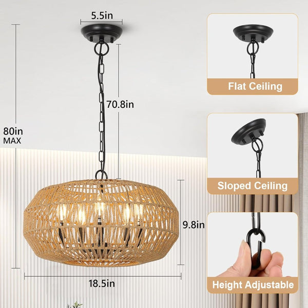 English Elm Farmhouse Hand-woven Rattan Five-light Chandelier for Dining Rooms and Foyers W2738P508299
