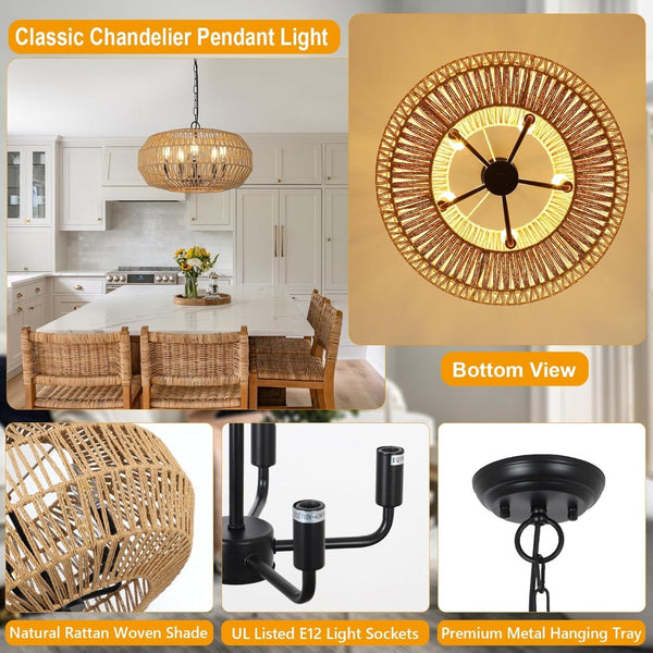 English Elm Farmhouse Hand-woven Rattan Five-light Chandelier for Dining Rooms and Foyers W2738P508299