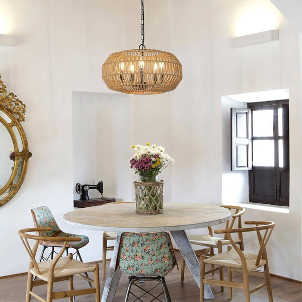 English Elm Farmhouse Hand-woven Rattan Five-light Chandelier for Dining Rooms and Foyers W2738P508299