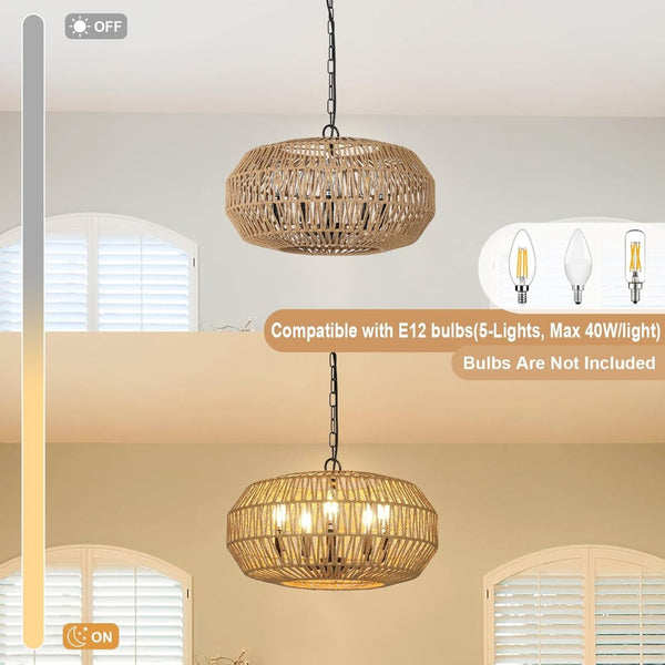 English Elm Farmhouse Hand-woven Rattan Five-light Chandelier for Dining Rooms and Foyers W2738P508299