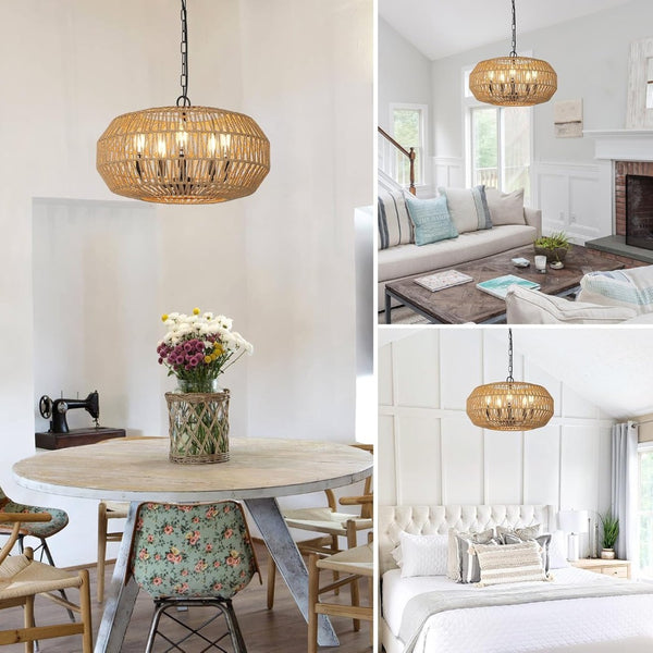 English Elm Farmhouse Hand-woven Rattan Five-light Chandelier for Dining Rooms and Foyers W2738P508299