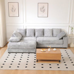 English Elm 108.6" Corduroy L-shaped Sectional with Storage Ottoman Eight Pillows Deep Cushion Lounge Grey W2791S00004