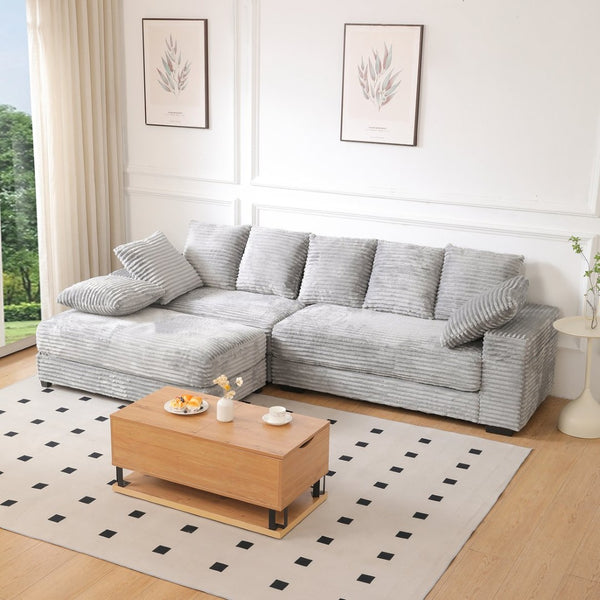 English Elm 108.6" Corduroy L-shaped Sectional with Storage Ottoman Eight Pillows Deep Cushion Lounge Grey W2791S00004