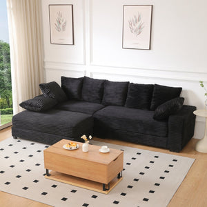 English Elm 108.6" Corduroy L-shaped Sectional with Storage Ottoman Eight Pillows Deep Cushion Lounge Black W2791S00005