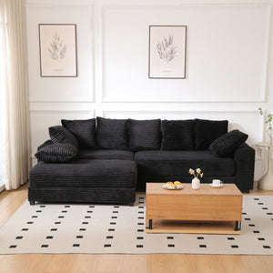English Elm 108.6" Corduroy L-shaped Sectional with Storage Ottoman Eight Pillows Deep Cushion Lounge Black W2791S00005