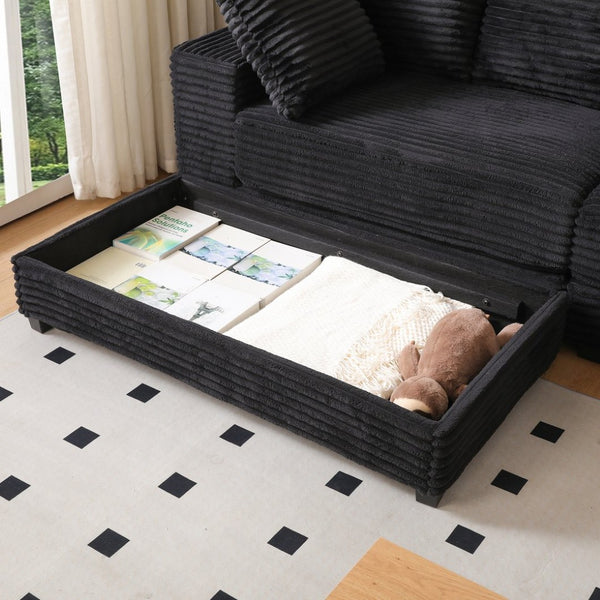 English Elm 108.6" Corduroy L-shaped Sectional with Storage Ottoman Eight Pillows Deep Cushion Lounge Black W2791S00005