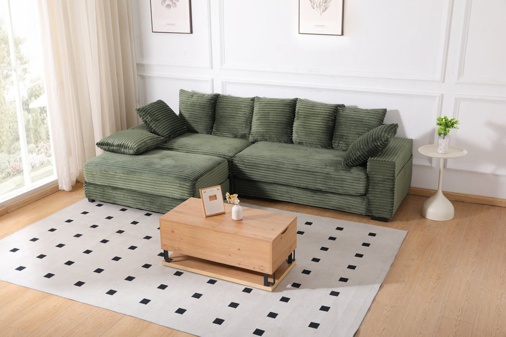 English Elm 108.6" Corduroy L-shaped Sectional with Storage Ottoman Eight Pillows Deep Cushion Lounge Green W2791S00007