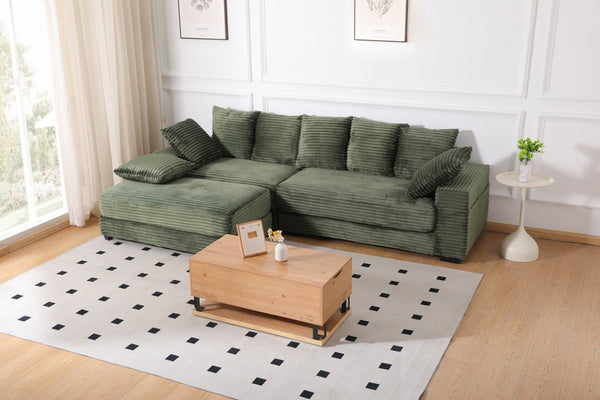 English Elm 108.6" Corduroy L-shaped Sectional with Storage Ottoman Eight Pillows Deep Cushion Lounge Green W2791S00007