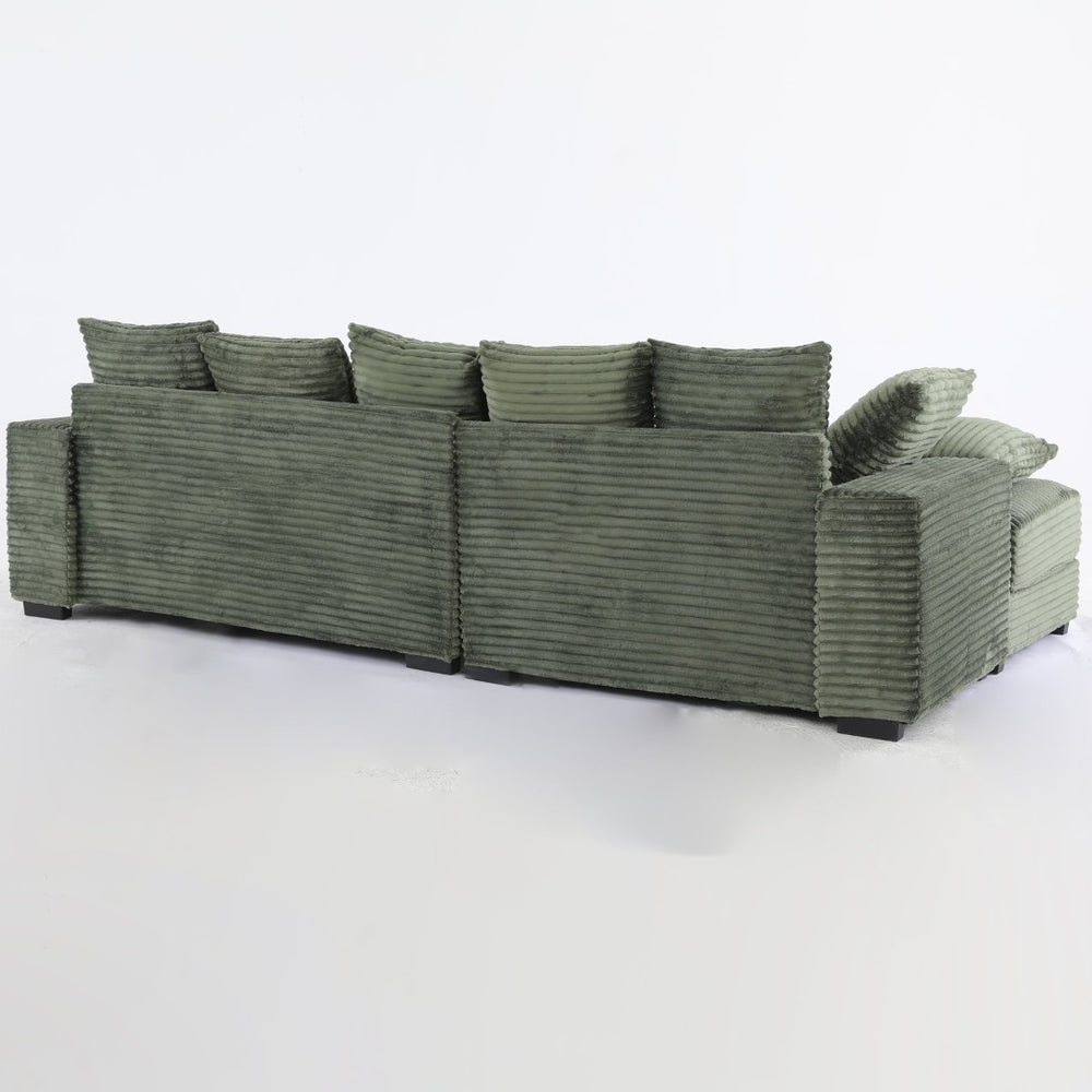English Elm 108.6" Corduroy L-shaped Sectional with Storage Ottoman Eight Pillows Deep Cushion Lounge Green W2791S00007
