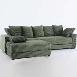 English Elm 108.6" Corduroy L-shaped Sectional with Storage Ottoman Eight Pillows Deep Cushion Lounge Green W2791S00007
