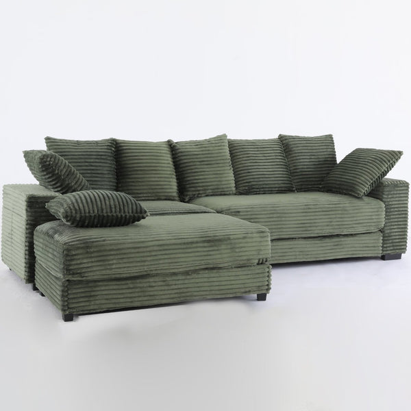 English Elm 108.6" Corduroy L-shaped Sectional with Storage Ottoman Eight Pillows Deep Cushion Lounge Green W2791S00007