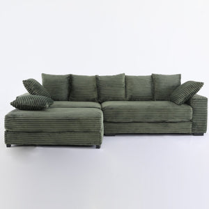 English Elm 108.6" Corduroy L-shaped Sectional with Storage Ottoman Eight Pillows Deep Cushion Lounge Green W2791S00007