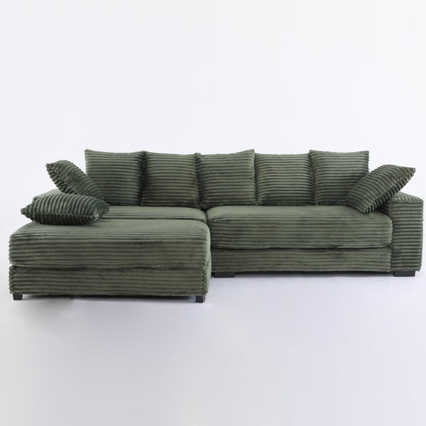 English Elm 108.6" Corduroy L-shaped Sectional with Storage Ottoman Eight Pillows Deep Cushion Lounge Green W2791S00007