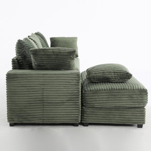 English Elm 108.6" Corduroy L-shaped Sectional with Storage Ottoman Eight Pillows Deep Cushion Lounge Green W2791S00007