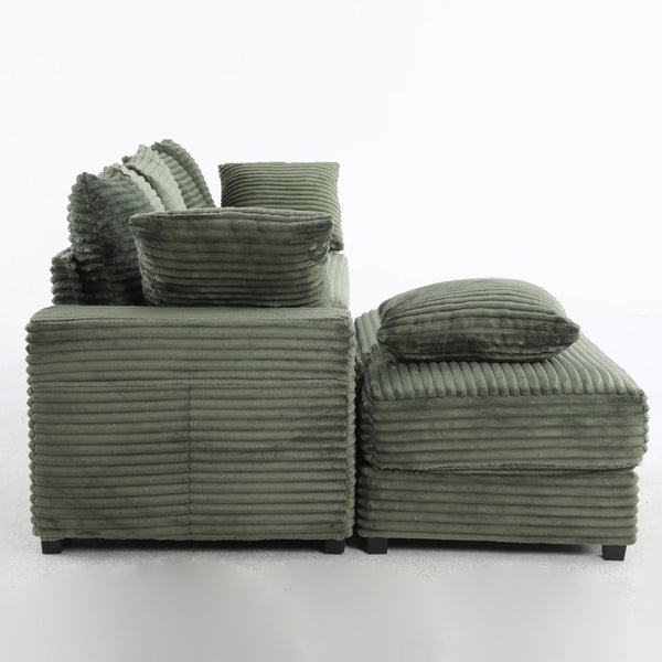 English Elm 108.6" Corduroy L-shaped Sectional with Storage Ottoman Eight Pillows Deep Cushion Lounge Green W2791S00007