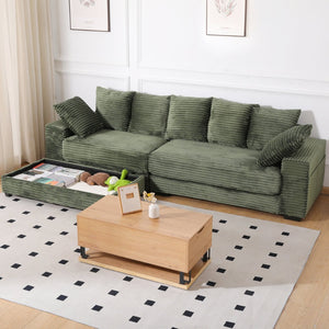 English Elm 108.6" Corduroy L-shaped Sectional with Storage Ottoman Eight Pillows Deep Cushion Lounge Green W2791S00007