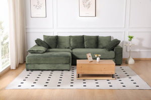 English Elm 108.6" Corduroy L-shaped Sectional with Storage Ottoman Eight Pillows Deep Cushion Lounge Green W2791S00007
