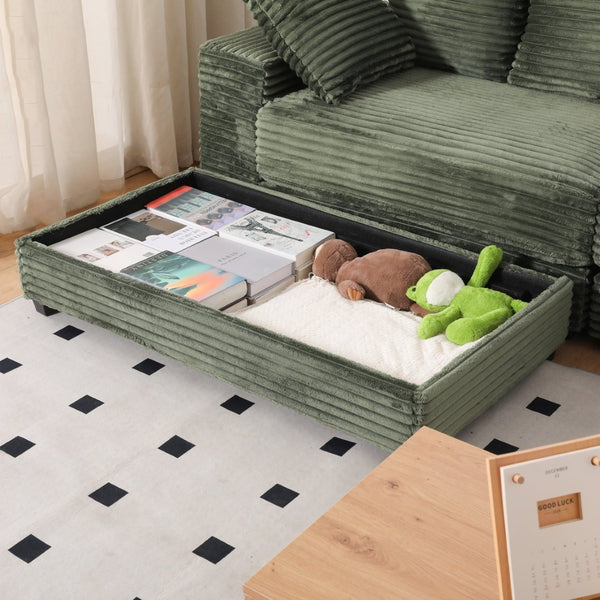 English Elm 108.6" Corduroy L-shaped Sectional with Storage Ottoman Eight Pillows Deep Cushion Lounge Green W2791S00007