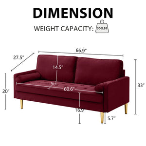 English Elm 65-inch Velvet Two-seater Sofa with Gold Legs for Compact Living Spaces Red W2795P321678