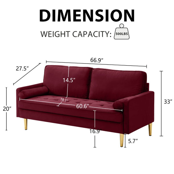 English Elm 65-inch Velvet Two-seater Sofa with Gold Legs for Compact Living Spaces Red W2795P321678