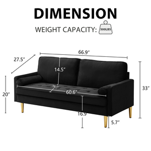 English Elm 65-inch Velvet Two-seater Sofa with Gold Legs for Compact Living Spaces Black W2795P321679