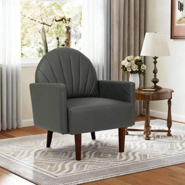 English Elm A Shell Shaped Pu Leather Accent Chair with Sculpted Back and Solid Wood Legs Dark Green W2795P400012