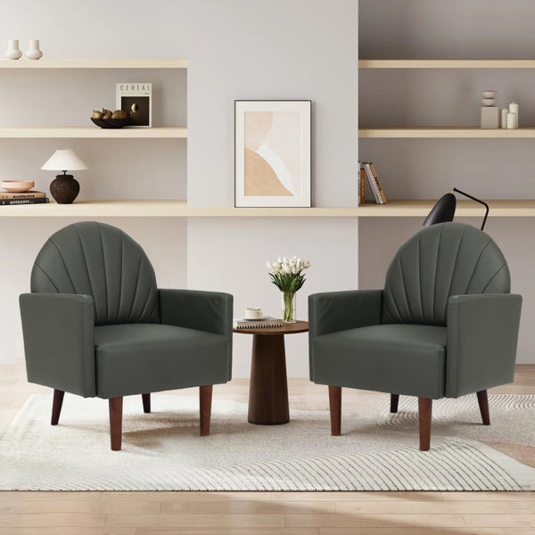 English Elm A Shell Shaped Pu Leather Accent Chair with Sculpted Back and Solid Wood Legs Dark Green W2795P400012
