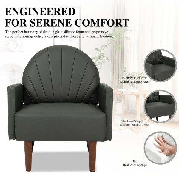 English Elm A Shell Shaped Pu Leather Accent Chair with Sculpted Back and Solid Wood Legs Dark Green W2795P400012