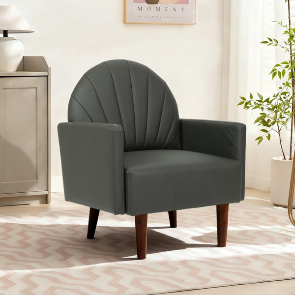 English Elm A Shell Shaped Pu Leather Accent Chair with Sculpted Back and Solid Wood Legs Dark Green W2795P400012