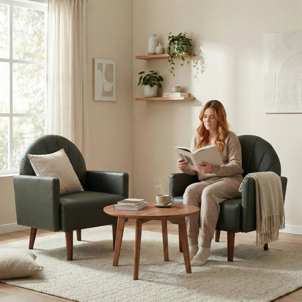 English Elm A Shell Shaped Pu Leather Accent Chair with Sculpted Back and Solid Wood Legs Dark Green W2795P400012