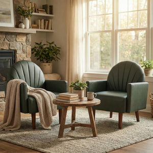 English Elm A Shell Shaped Pu Leather Accent Chair with Sculpted Back and Solid Wood Legs Dark Green W2795P400012