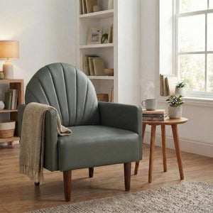 English Elm A Shell Shaped Pu Leather Accent Chair with Sculpted Back and Solid Wood Legs Dark Green W2795P400012