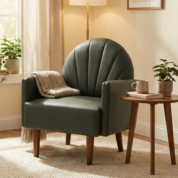 English Elm A Shell Shaped Pu Leather Accent Chair with Sculpted Back and Solid Wood Legs Dark Green W2795P400012
