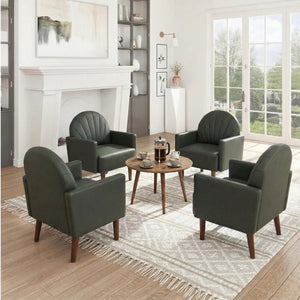 English Elm A Shell Shaped Pu Leather Accent Chair with Sculpted Back and Solid Wood Legs Dark Green W2795P400012
