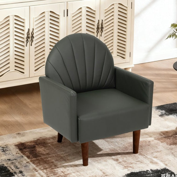 English Elm A Shell Shaped Pu Leather Accent Chair with Sculpted Back and Solid Wood Legs Dark Green W2795P400012