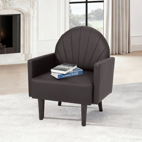 English Elm A Shell Shaped Pu Leather Accent Chair with Sculpted Back and Solid Wood Legs Dark Brown W2795P400013