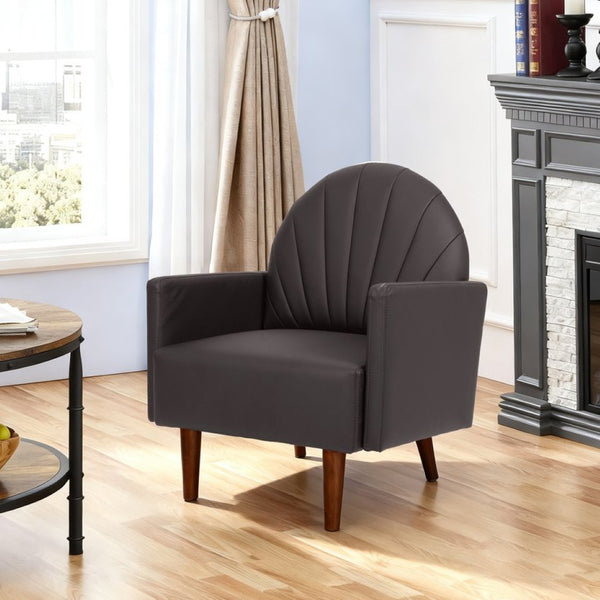 English Elm A Shell Shaped Pu Leather Accent Chair with Sculpted Back and Solid Wood Legs Dark Brown W2795P400013