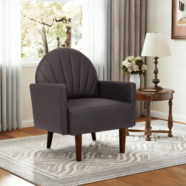 English Elm A Shell Shaped Pu Leather Accent Chair with Sculpted Back and Solid Wood Legs Dark Brown W2795P400013