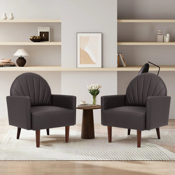 English Elm A Shell Shaped Pu Leather Accent Chair with Sculpted Back and Solid Wood Legs Dark Brown W2795P400013