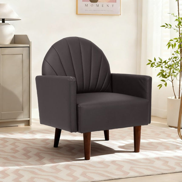 English Elm A Shell Shaped Pu Leather Accent Chair with Sculpted Back and Solid Wood Legs Dark Brown W2795P400013