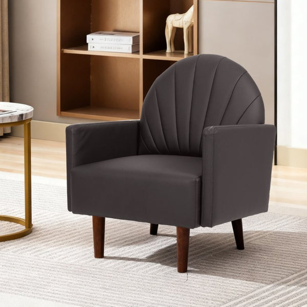 English Elm A Shell Shaped Pu Leather Accent Chair with Sculpted Back and Solid Wood Legs Dark Brown W2795P400013