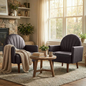 English Elm A Shell Shaped Pu Leather Accent Chair with Sculpted Back and Solid Wood Legs Dark Brown W2795P400013