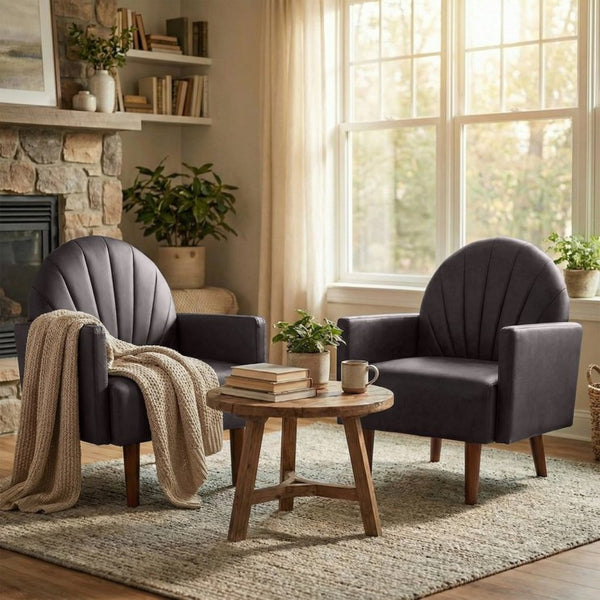 English Elm A Shell Shaped Pu Leather Accent Chair with Sculpted Back and Solid Wood Legs Dark Brown W2795P400013