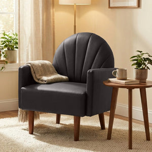 English Elm A Shell Shaped Pu Leather Accent Chair with Sculpted Back and Solid Wood Legs Dark Brown W2795P400013
