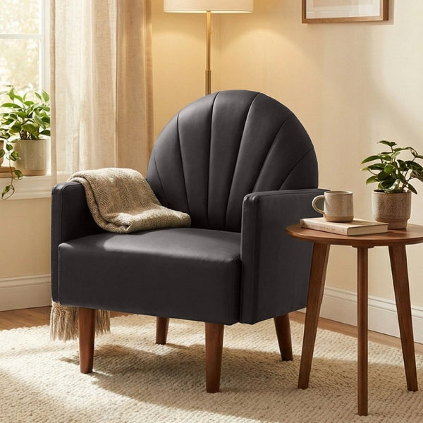 English Elm A Shell Shaped Pu Leather Accent Chair with Sculpted Back and Solid Wood Legs Dark Brown W2795P400013