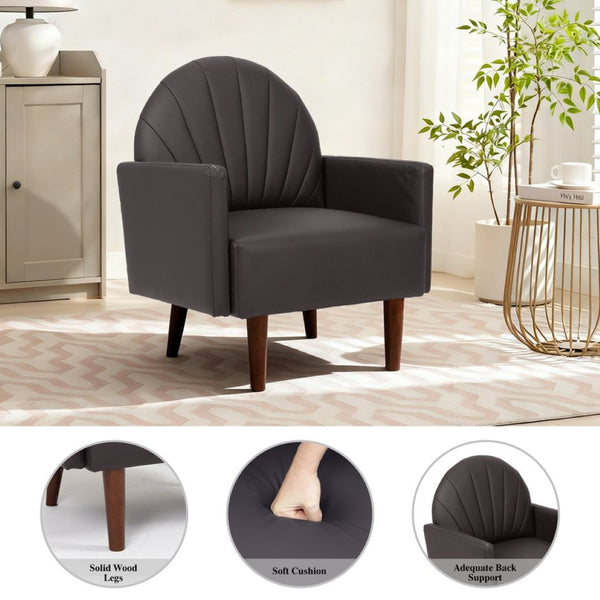 English Elm A Shell Shaped Pu Leather Accent Chair with Sculpted Back and Solid Wood Legs Dark Brown W2795P400013