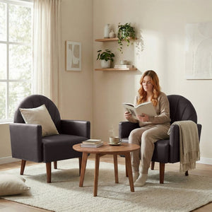 English Elm A Shell Shaped Pu Leather Accent Chair with Sculpted Back and Solid Wood Legs Dark Brown W2795P400013